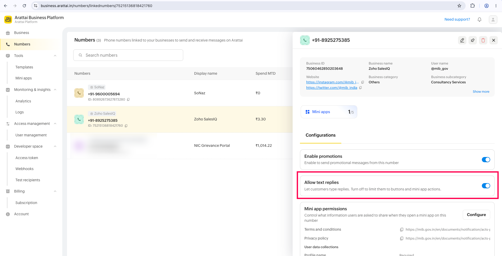 Allow text replies toggle in Arattai Business Platform number configurations